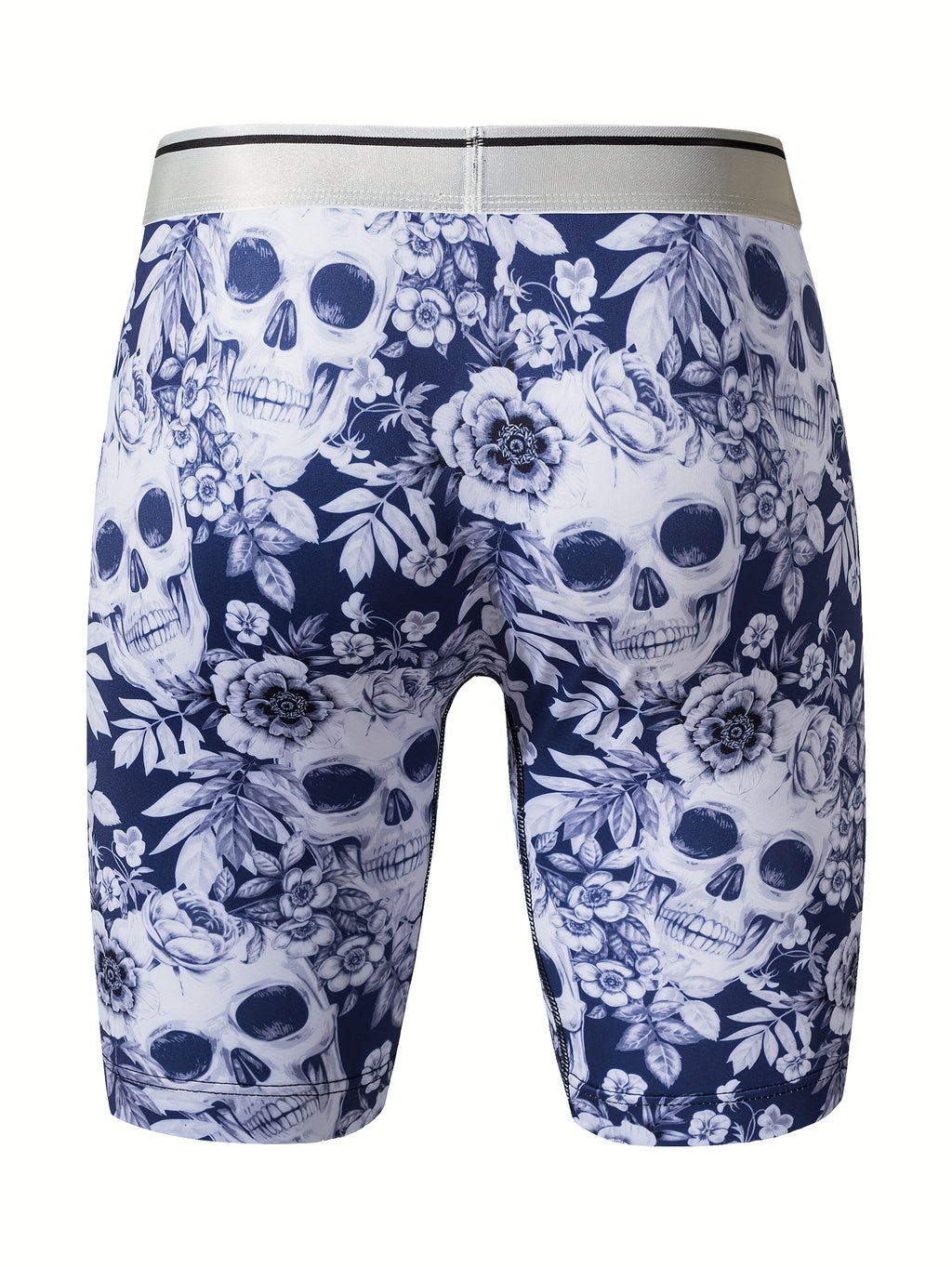 Caleçons à imprimé crâne floral pour hommes, en tissu tricoté polyester à haute extensibilité, design de poche en U pour la peau, anti-rayures et anti-humidité pour un usage quotidien et des activités en extérieur.
