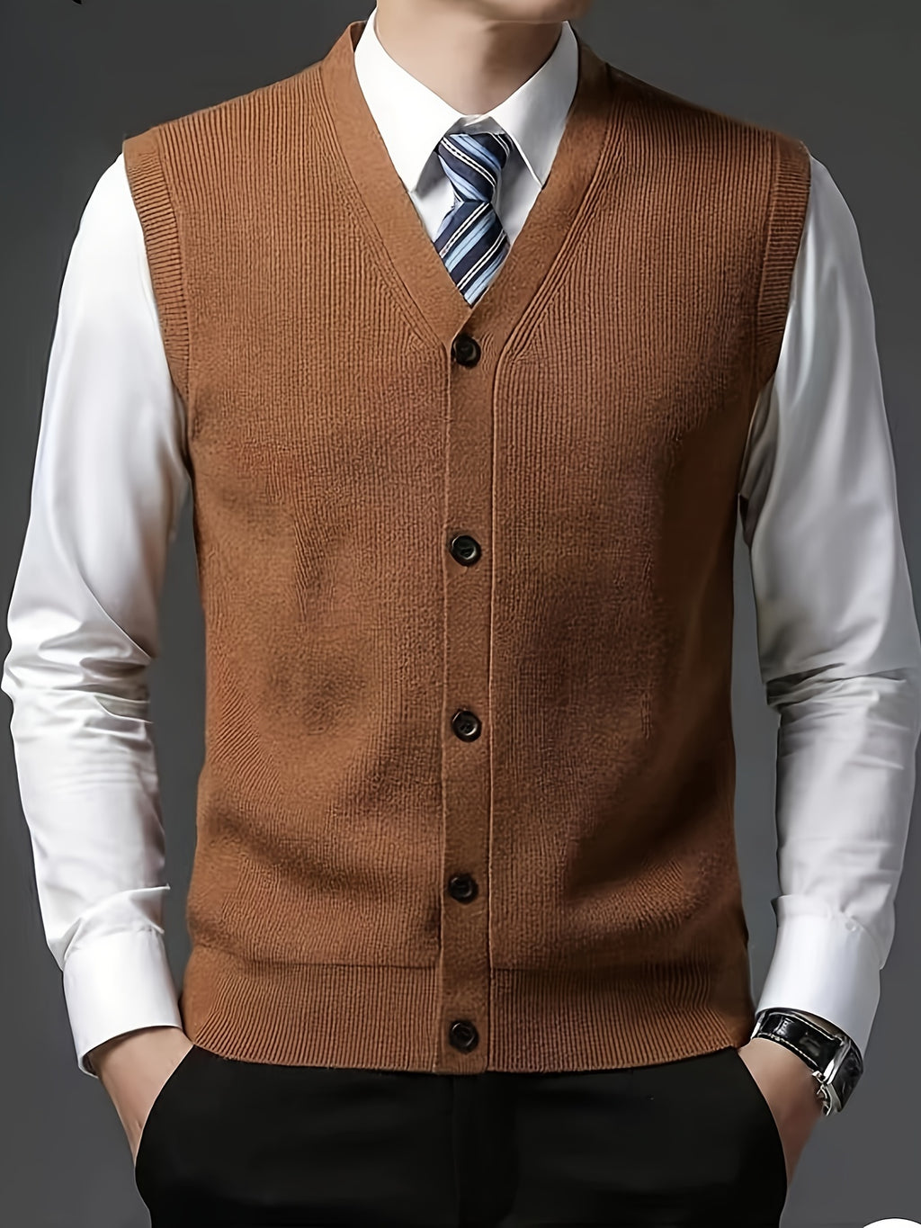 Gilet à col en V de couleur unie tricoté confortable et à la mode pour hommes 1 pièce (Jiang Xuyu)